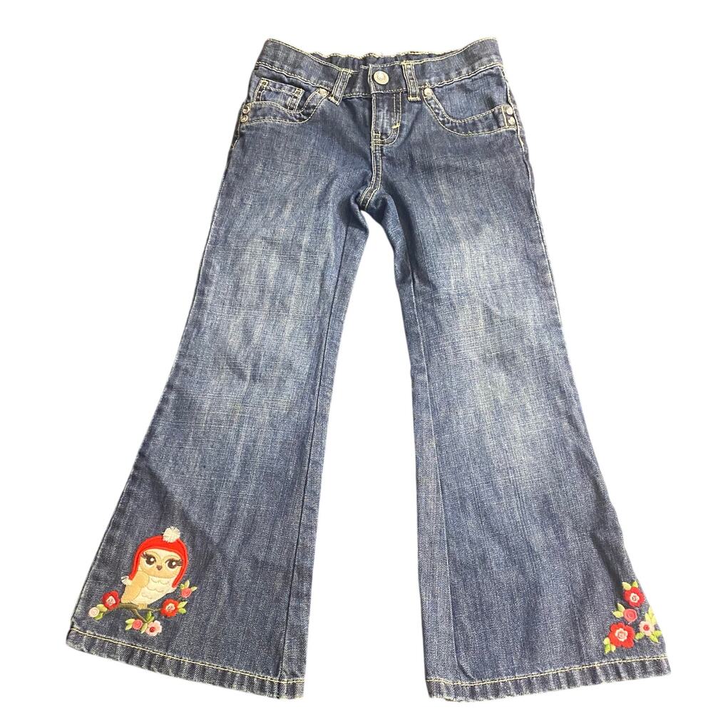 Gymboree Girls Size 5 Owl Floral Embroidered Jewel Flare Jeans Adjustable Waist